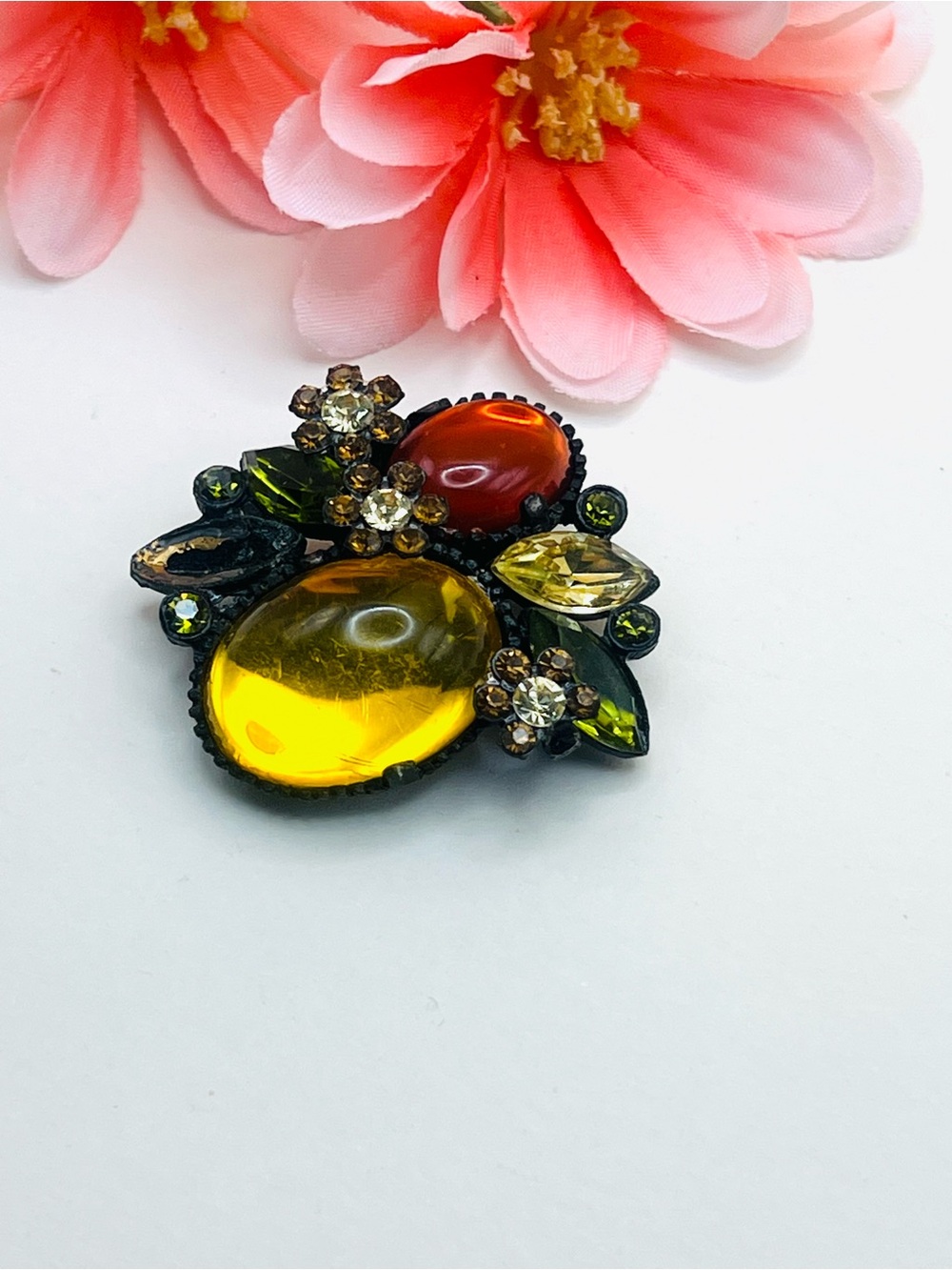 Vintage Yellow & Amber Crystal Floral Brooch - Women Jewelry